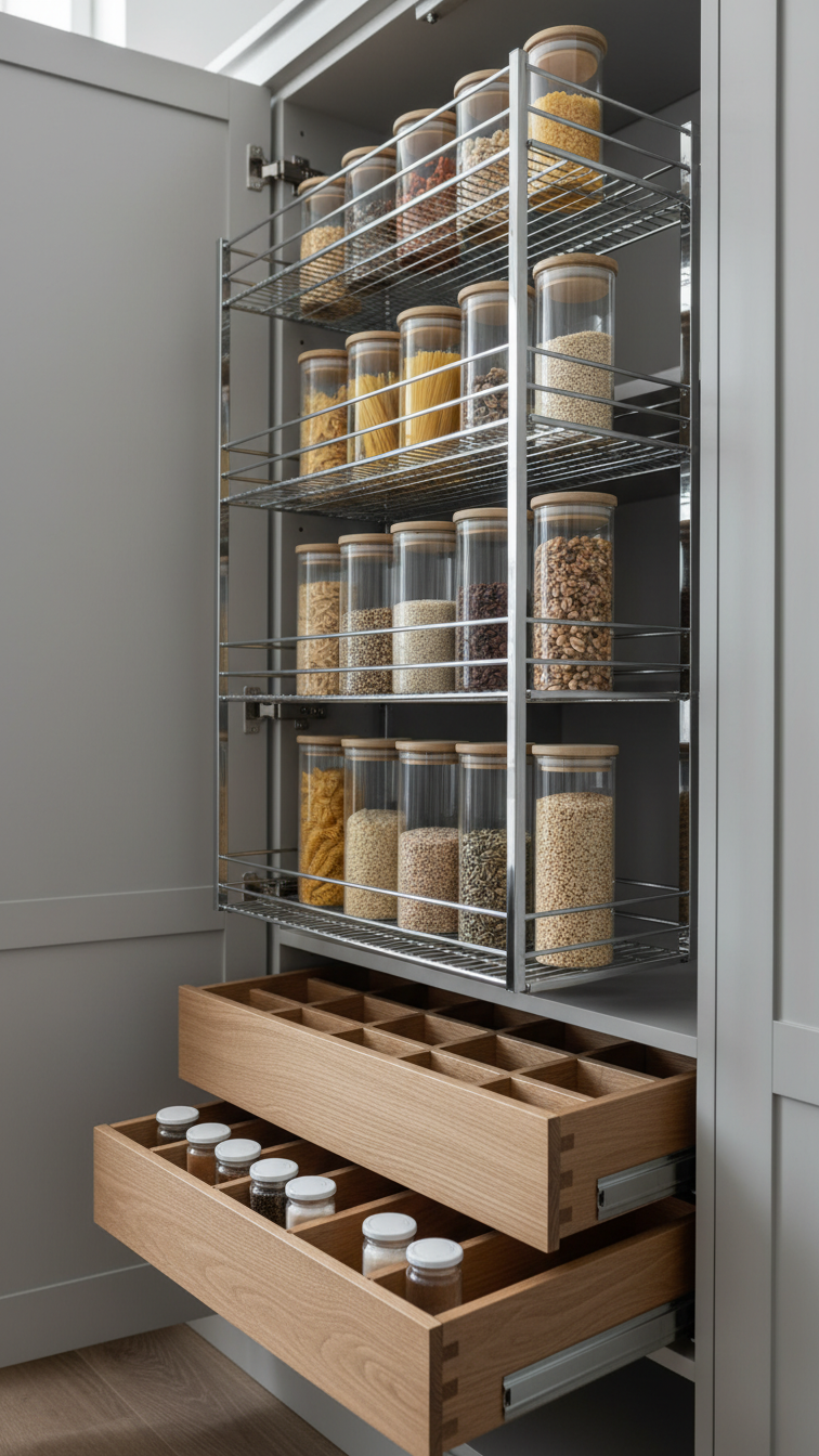 Organized modern butler pantry with custom pull-out wire shelving for dry goods. Innovative kitchen storage solutions for a clean look.