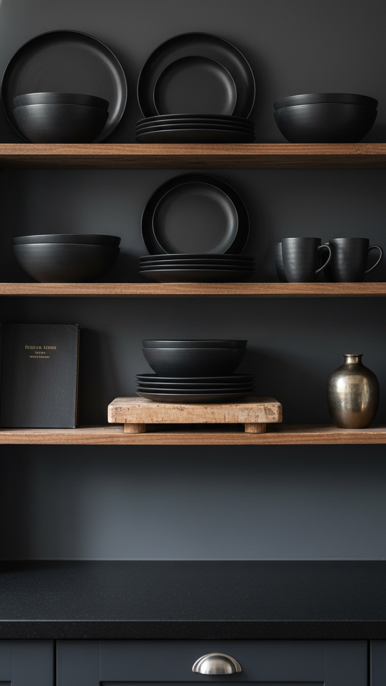 Organized moody kitchen shelf displaying dark stoneware plates, bowls, and mugs, with an antique wooden cutting board.