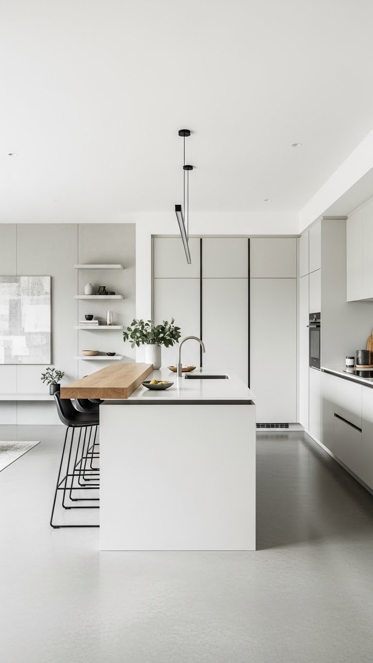 Organized, serene open kitchen & living room with discreet storage, quiet appliances, sound-dampening elements. Cool gray, off-white.