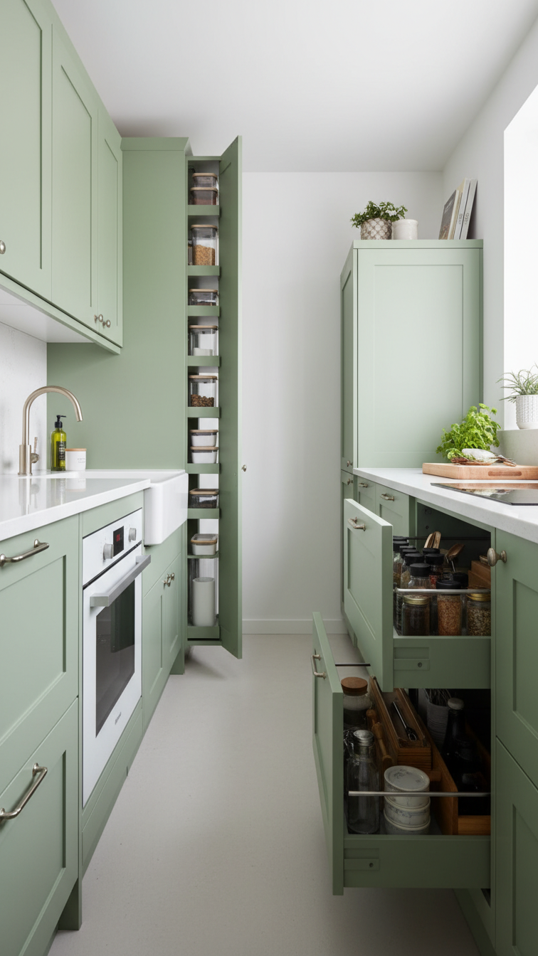 Organized small galley kitchen featuring sage green cabinets, vertical storage solutions, minimalist white appliances, integrated handles.