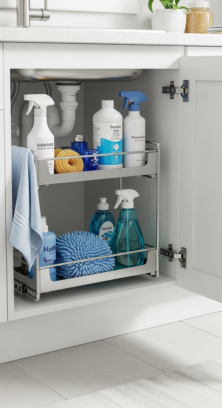 Organized under-sink kitchen cabinet featuring a two-tier pull-out metal drawer organizer neatly holding cleaning supplies.
