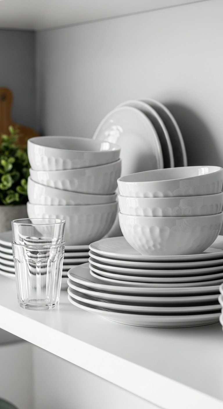 Organized white floating shelf with a stack of white ceramic plates, bowls, and a clear fluted drinking glass in front.