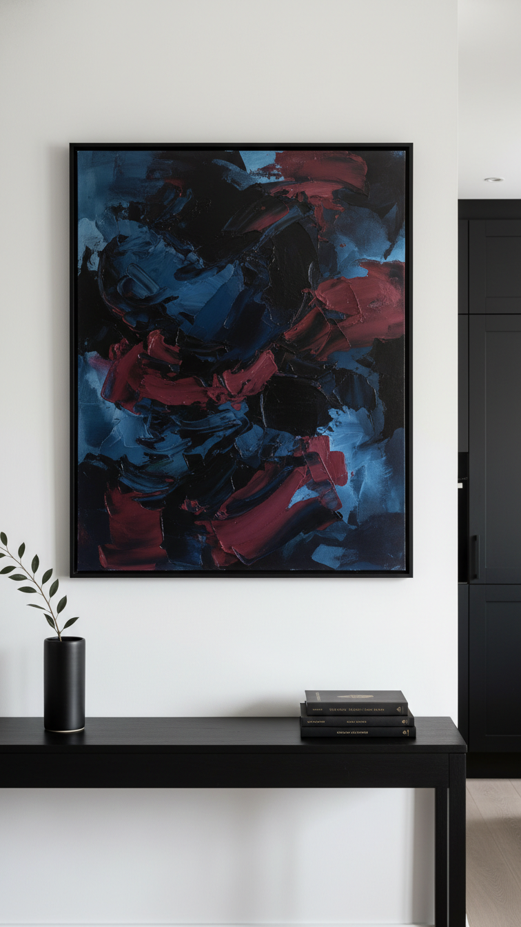 Oversized abstract wall art in deep navy, charcoal, burgundy on white wall above dark kitchen console.