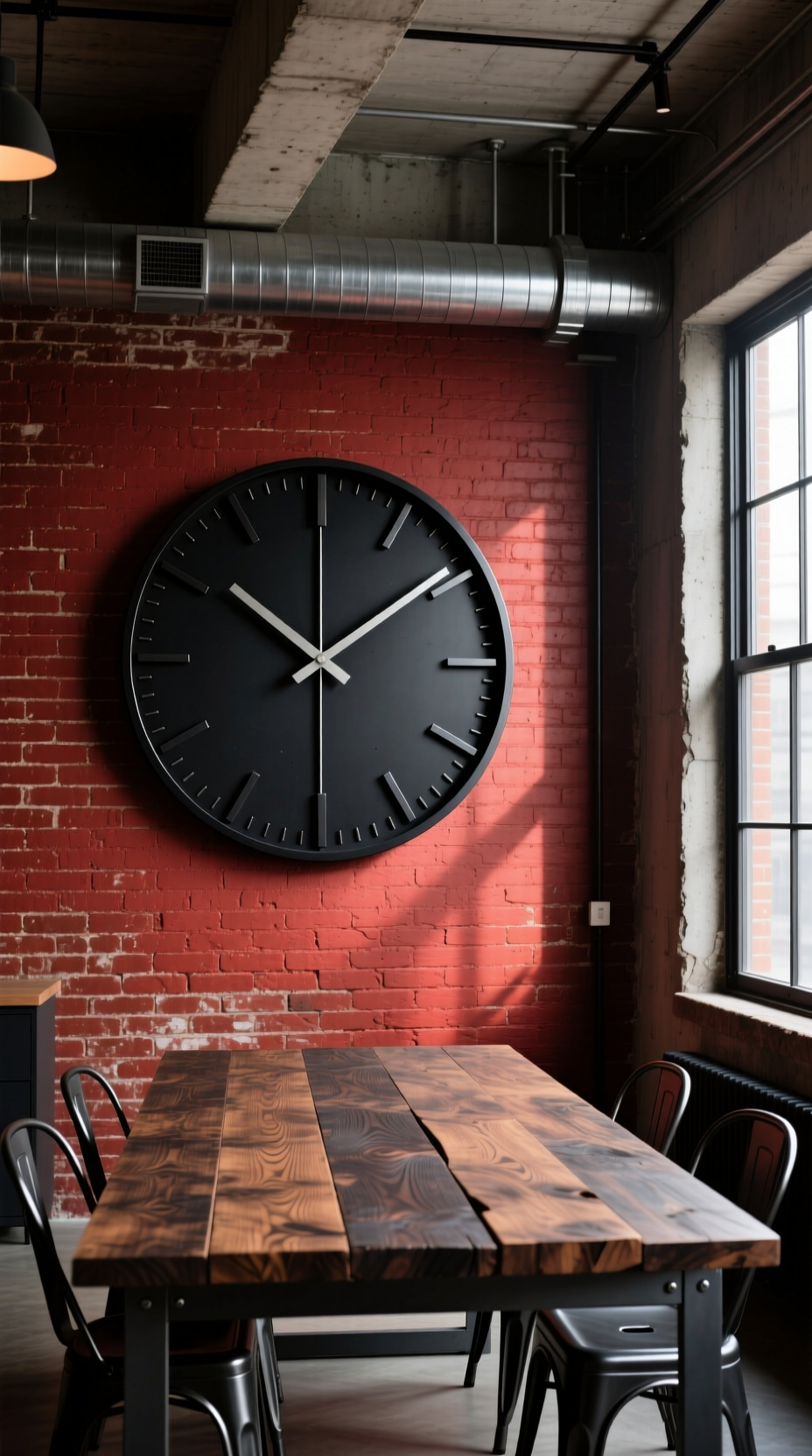 Kitchen Wall Decor That Looks Perfect Above Your Table 12 Oversized black metal industrial wall clock with no numbers hanging on an exposed red brick wall in a loft dining space.
