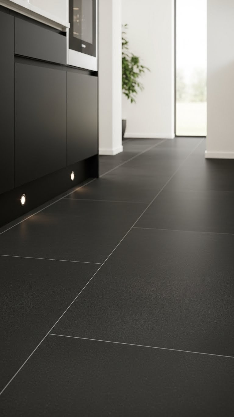 Moody Kitchen Flooring: 11 Essential Ideas To Transform Your Home 1 Oversized charcoal grey porcelain floor tiles, matte finish, in a modern minimalist kitchen with sleek black cabinets and bright daylight.