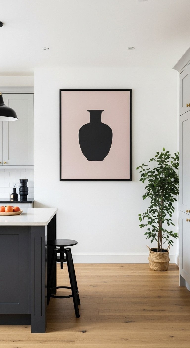 Oversized minimalist art of a vase silhouette in a black frame on a tall white kitchen wall next to a slender floor plant.