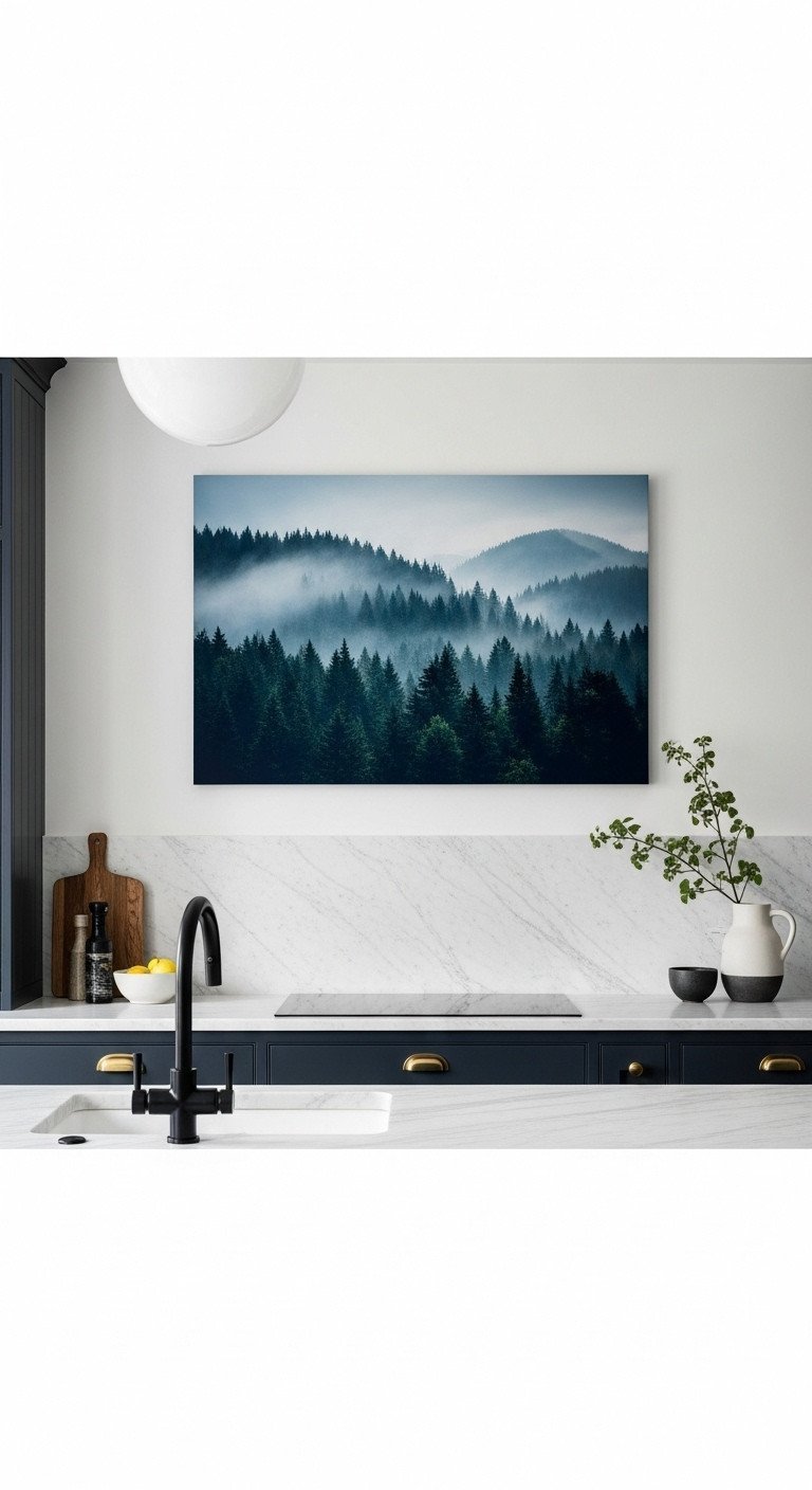 Oversized moody landscape painting of a misty forest above sleek navy blue kitchen cabinets with a white marble countertop.