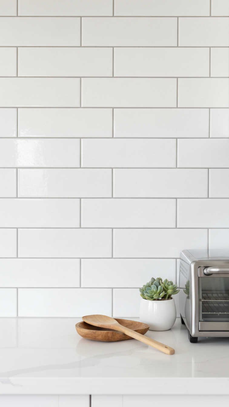 Oversized white subway tile backsplash with light gray grout, featuring a blurred quartz countertop and succulent plant.