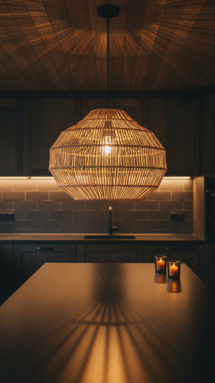 Boho Moody Kitchen: Ultimate Guide &Amp; Stunning Design Ideas 11 Oversized woven rattan chandelier over a dark kitchen island, casting warm ambient light, highlighting textures in a moody boho kitchen.