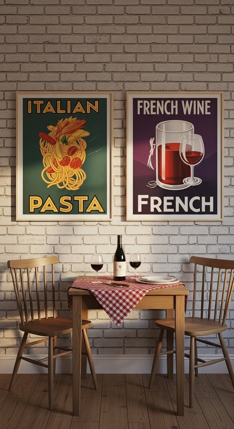 Pair of large vintage food posters for Italian pasta and French wine on a brick wall above a cozy kitchen bistro table set.