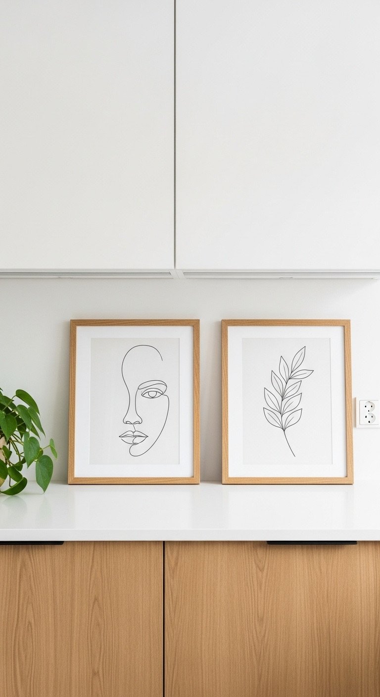 Pair of minimalist line art prints in natural oak frames, one face and one botanical, in a Scandinavian-style kitchen.