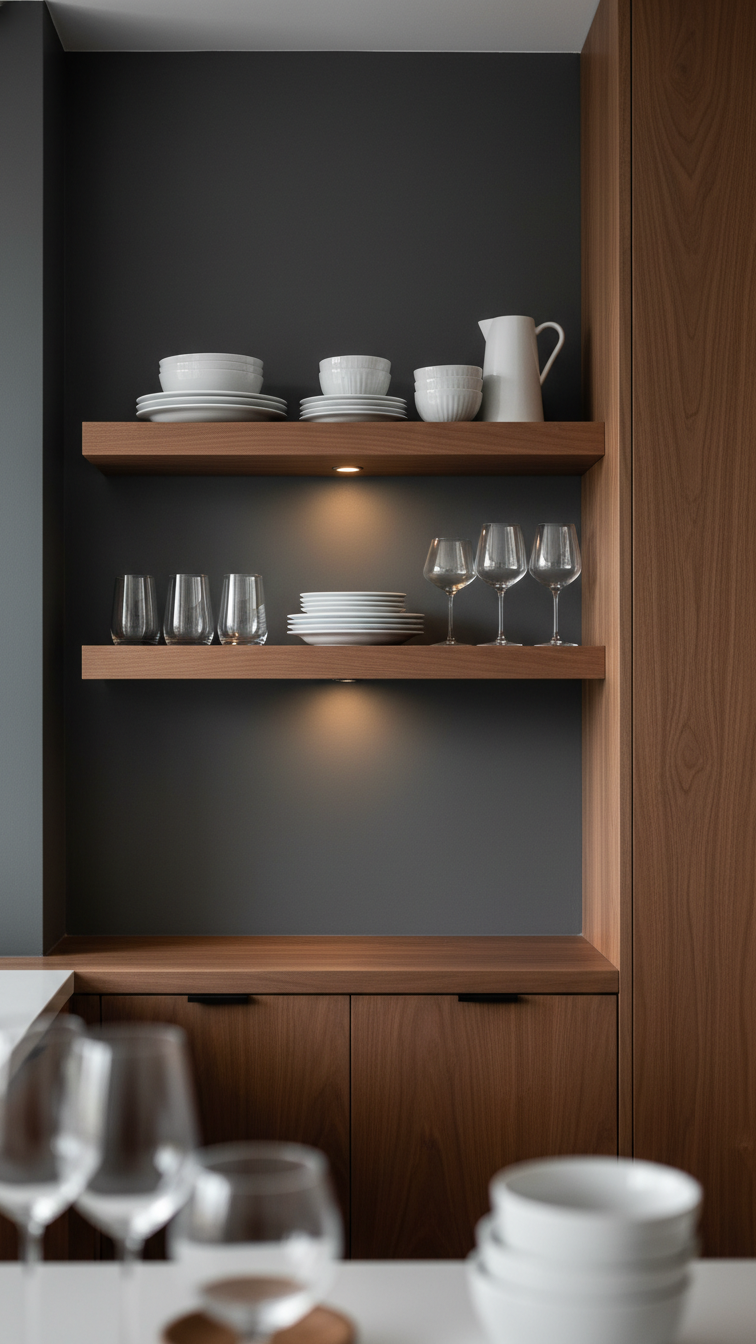 Pair of natural walnut wood floating shelves against a charcoal wall, holding white ceramic dishes, minimalist glassware.