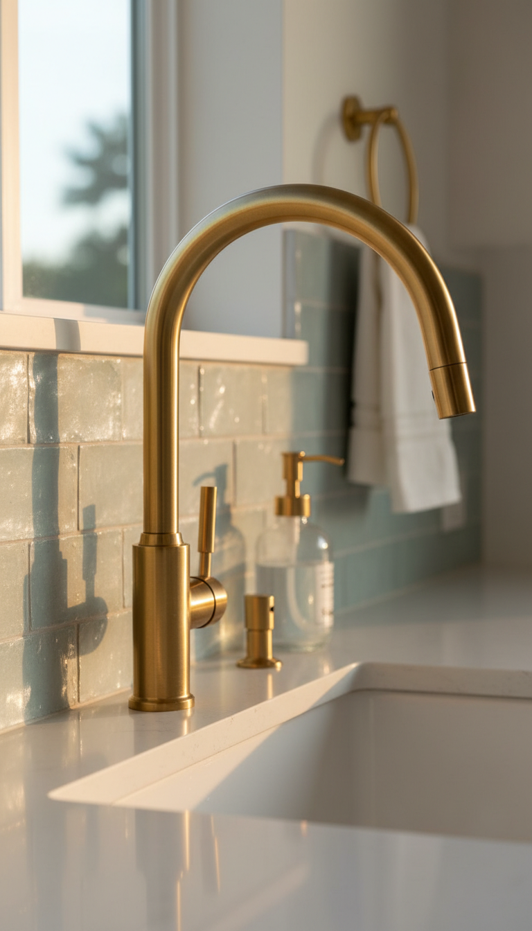 Pale blue zellige tile backsplash with modern brass kitchen faucet, white towel, and soap dispenser at sink.
