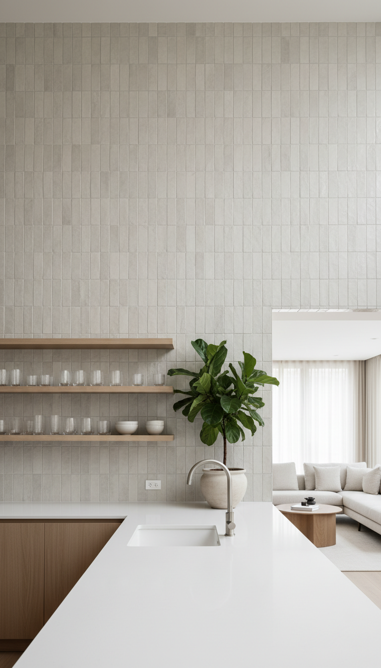 Pale gray zellige wall tile in expansive modern open-concept kitchen with floating shelves, glassware, and plant.