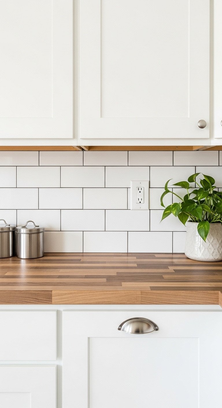 7 Genius Ways To Decorate Your Old Kitchen On A Budget 7 Peel-and-stick subway tile backsplash with dark grout, faux butcher block countertop, silver canisters, and a plant. Fresh kitchen update.