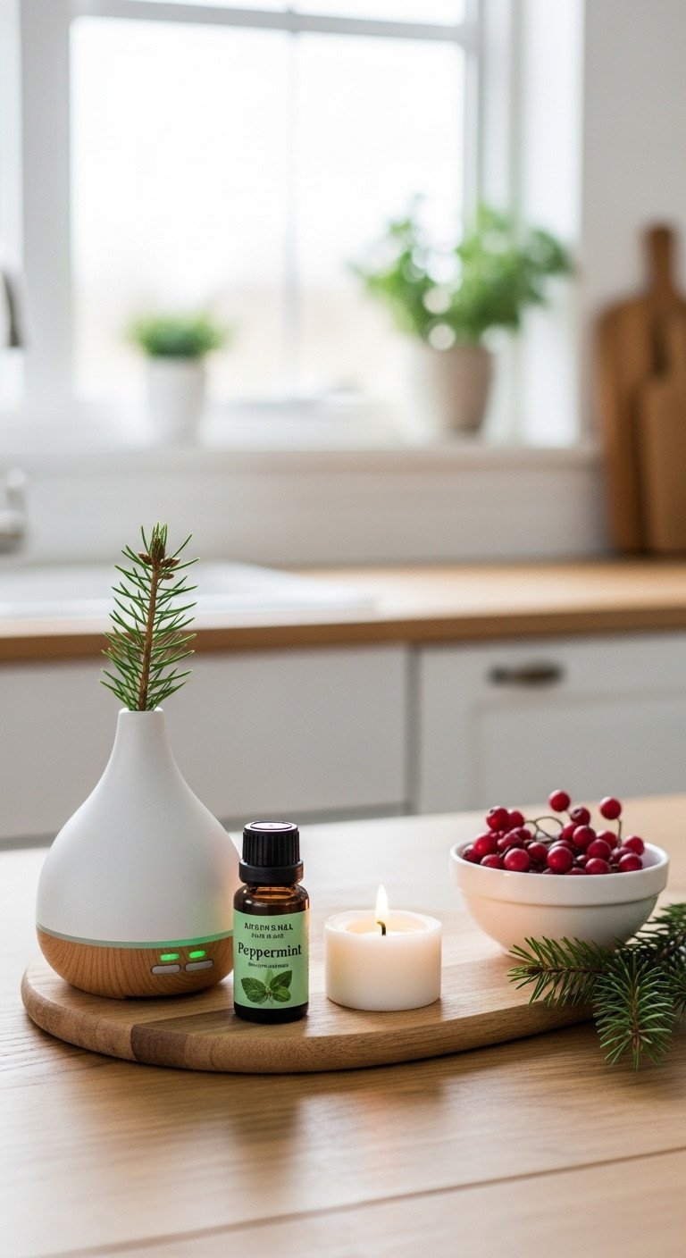 Peppermint essential oil diffuser, white candle, winter berries, and pine on rustic wooden table for serene kitchen ambiance.