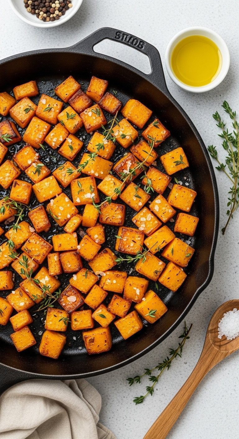 Perfectly caramelized roasted butternut squash cubes with fresh thyme & sea salt in a black cast iron skillet.