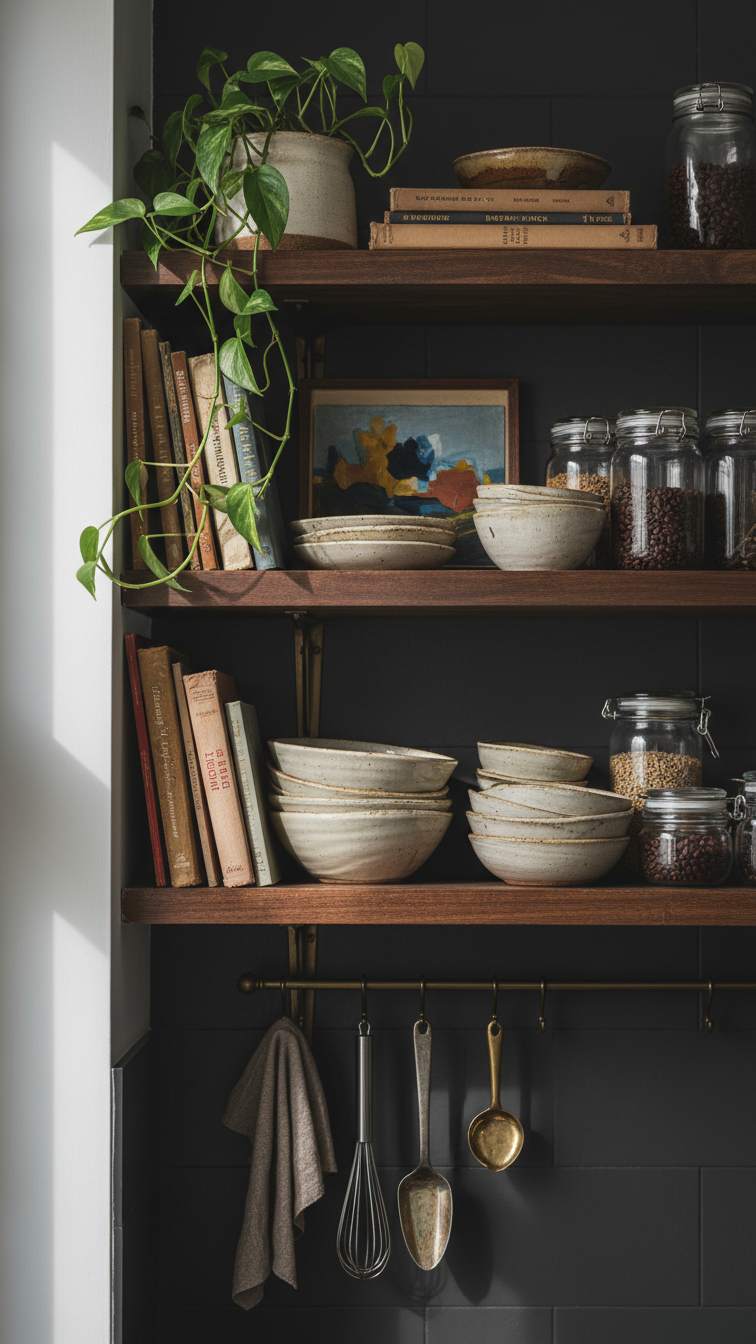 Personality-filled kitchen: open shelves with collected ceramic pottery, vintage cookbooks, glass jars, and trailing plants.