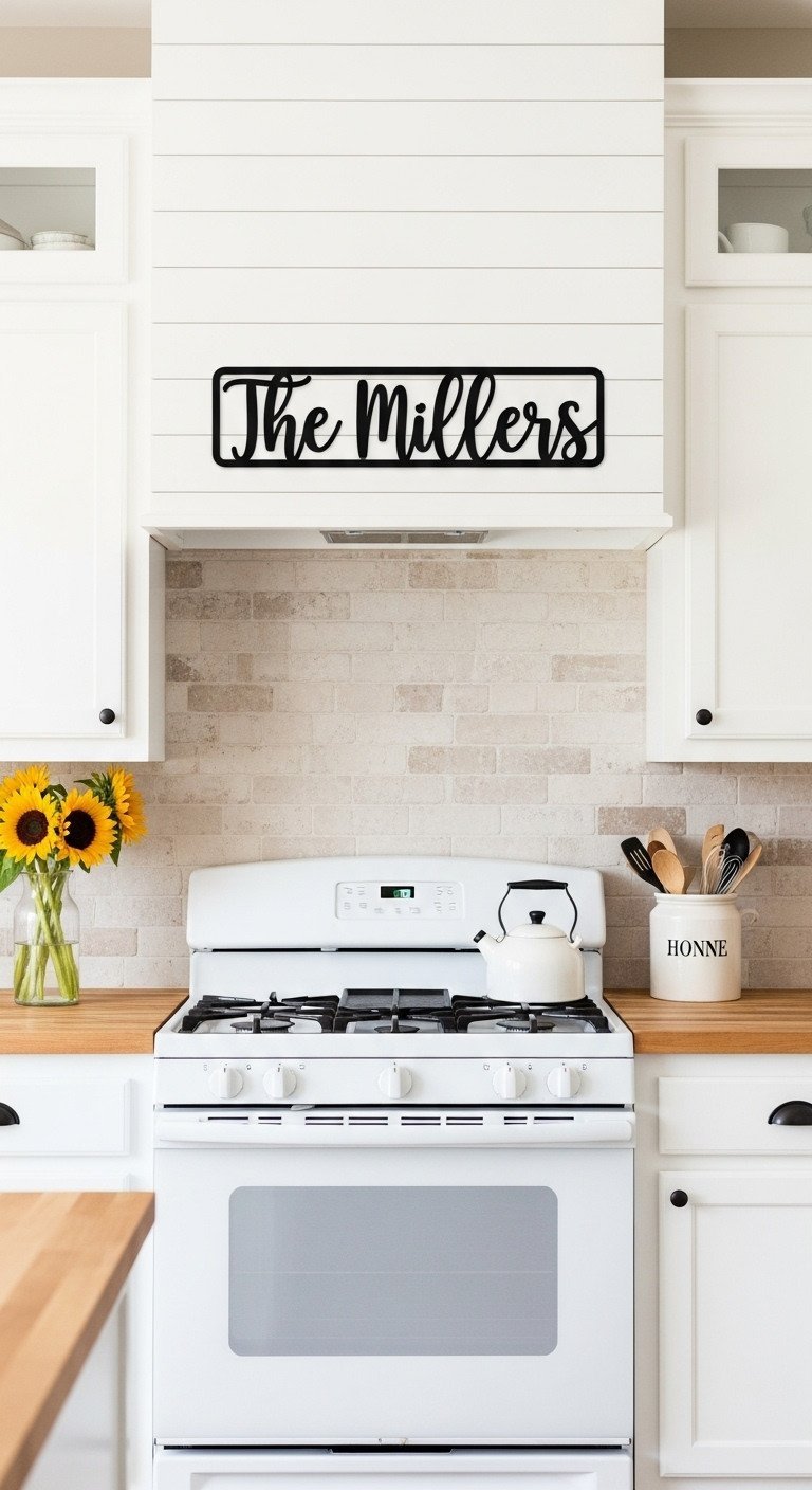 Personalized black metal family name sign on a rustic brick wall above a white stove in a bright farmhouse kitchen.