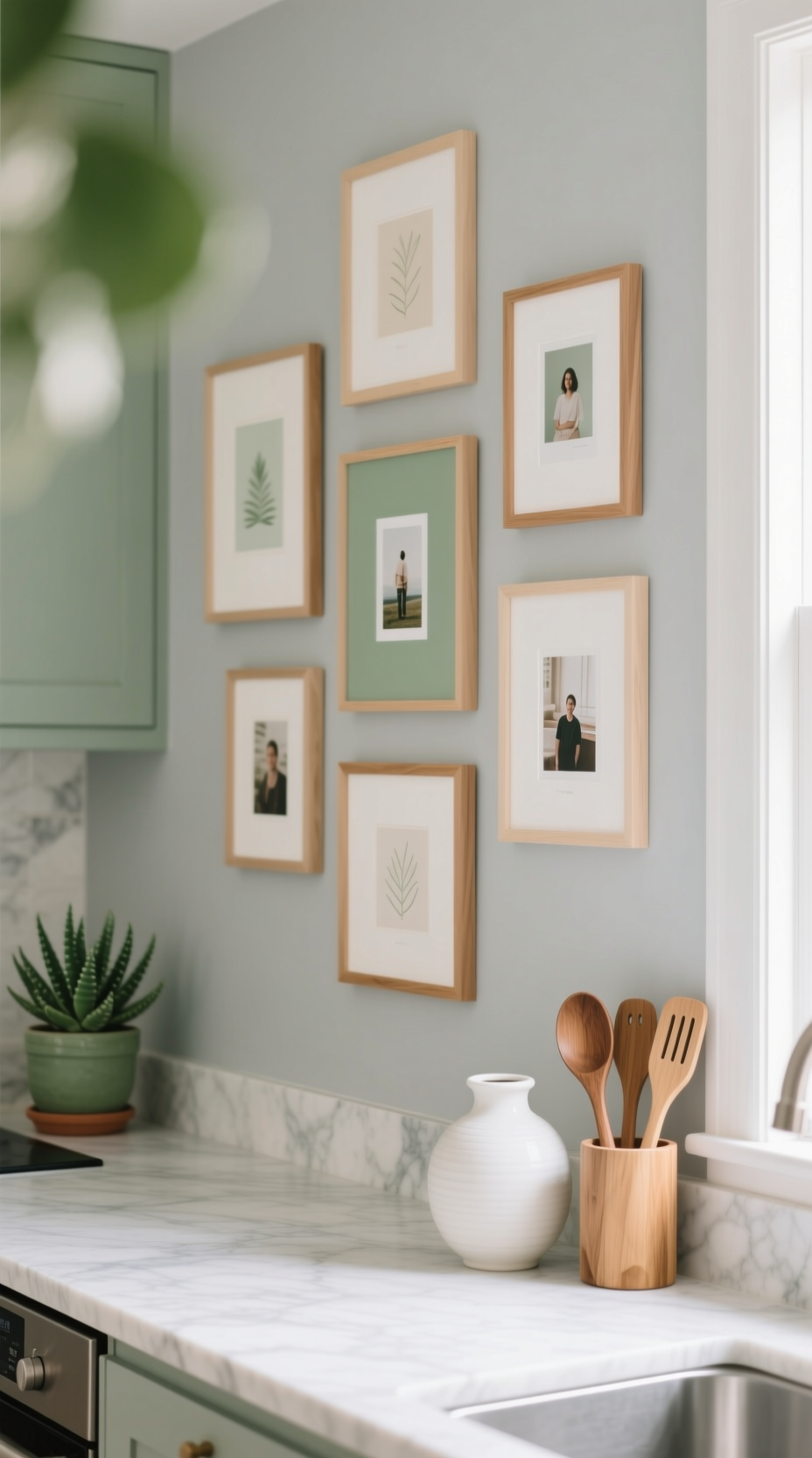 Pinterest-style gallery wall with minimalist art in lightweight frames on a light gray wall in a bright, airy kitchen.