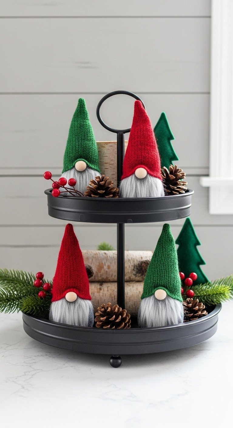 Playful Gnome Christmas decor on a black metal tiered tray with gnomes, faux snow, birch logs, and pinecones.
