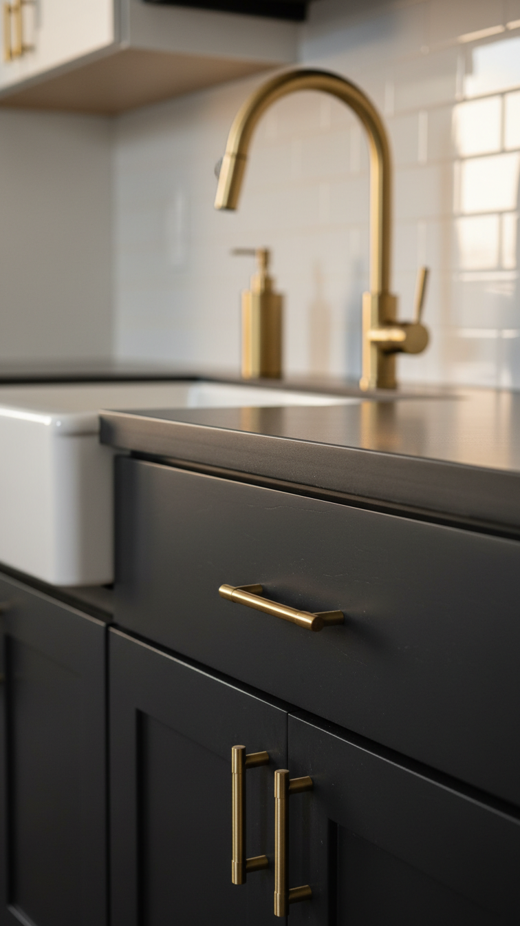Polished brass hardware and faucet on a matte black cabinet, with a matching soap dispenser. Luxurious black and white kitchen.