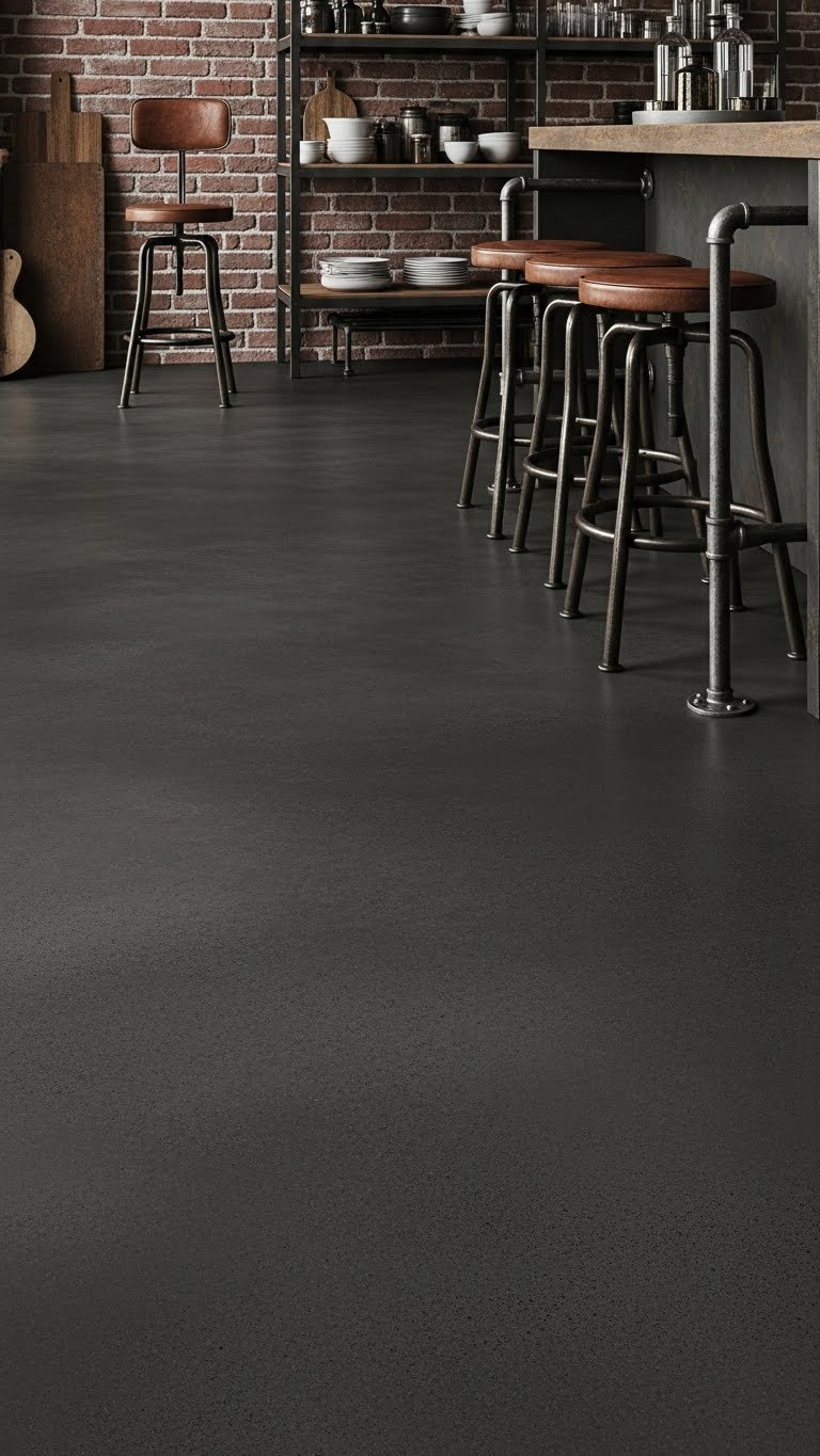 Moody Kitchen Flooring: 11 Essential Ideas To Transform Your Home 8 Polished charcoal grey concrete floor, textured, in industrial kitchen. Exposed brick, black steel shelves, leather stools.