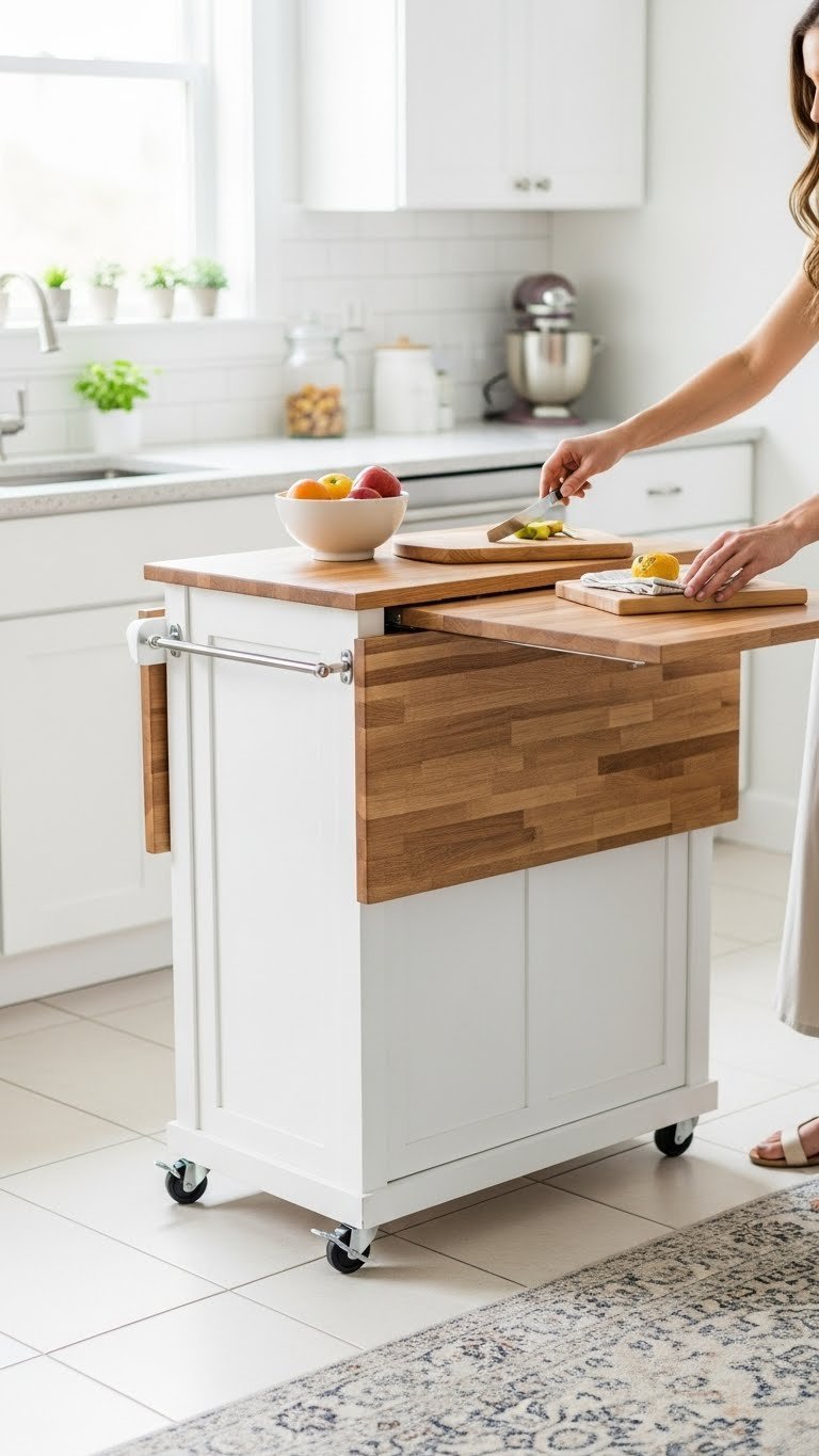 Portable wood-top kitchen island with locking casters in a small open kitchen living room, featuring fruit for smart space use.