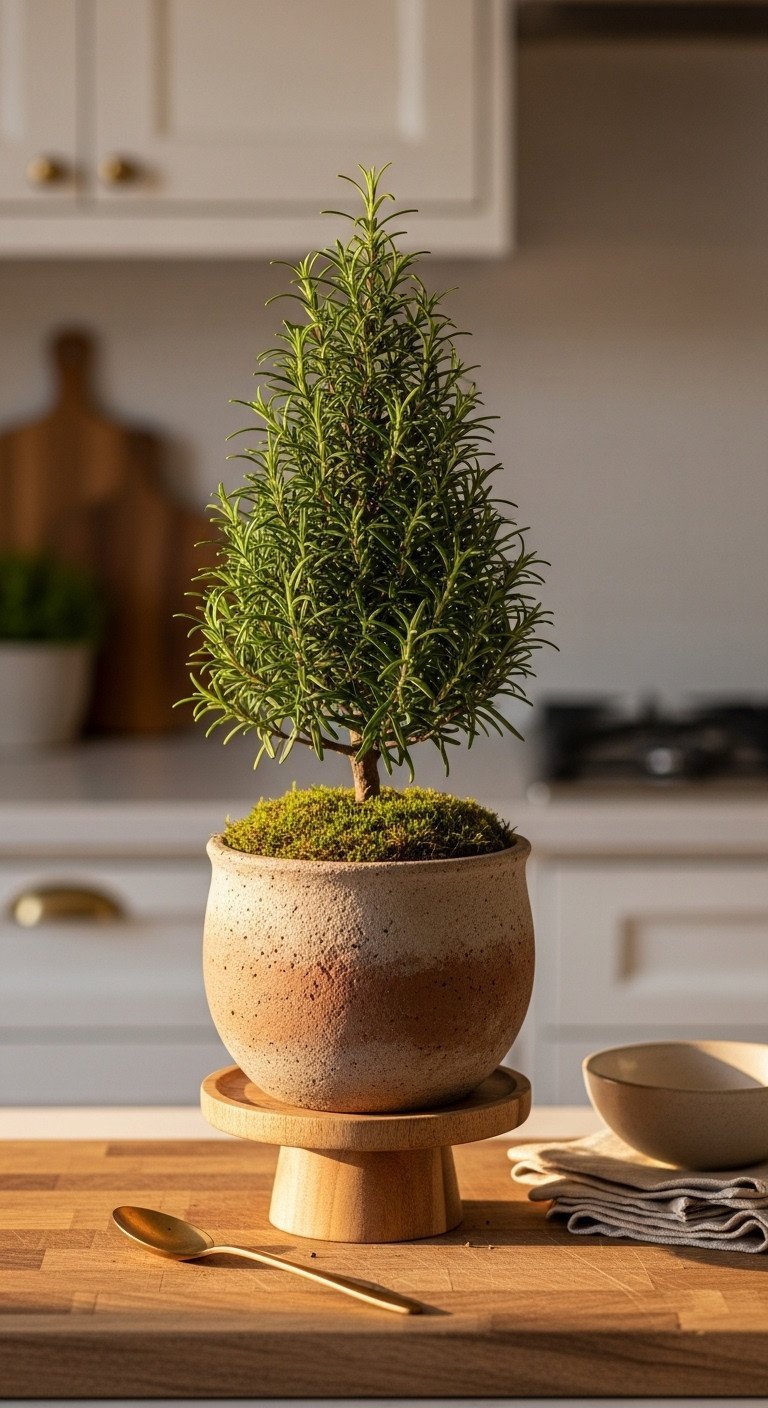 Potted rosemary tree in terracotta planter on a wooden pedestal, rustic kitchen countertop decor under warm golden light.