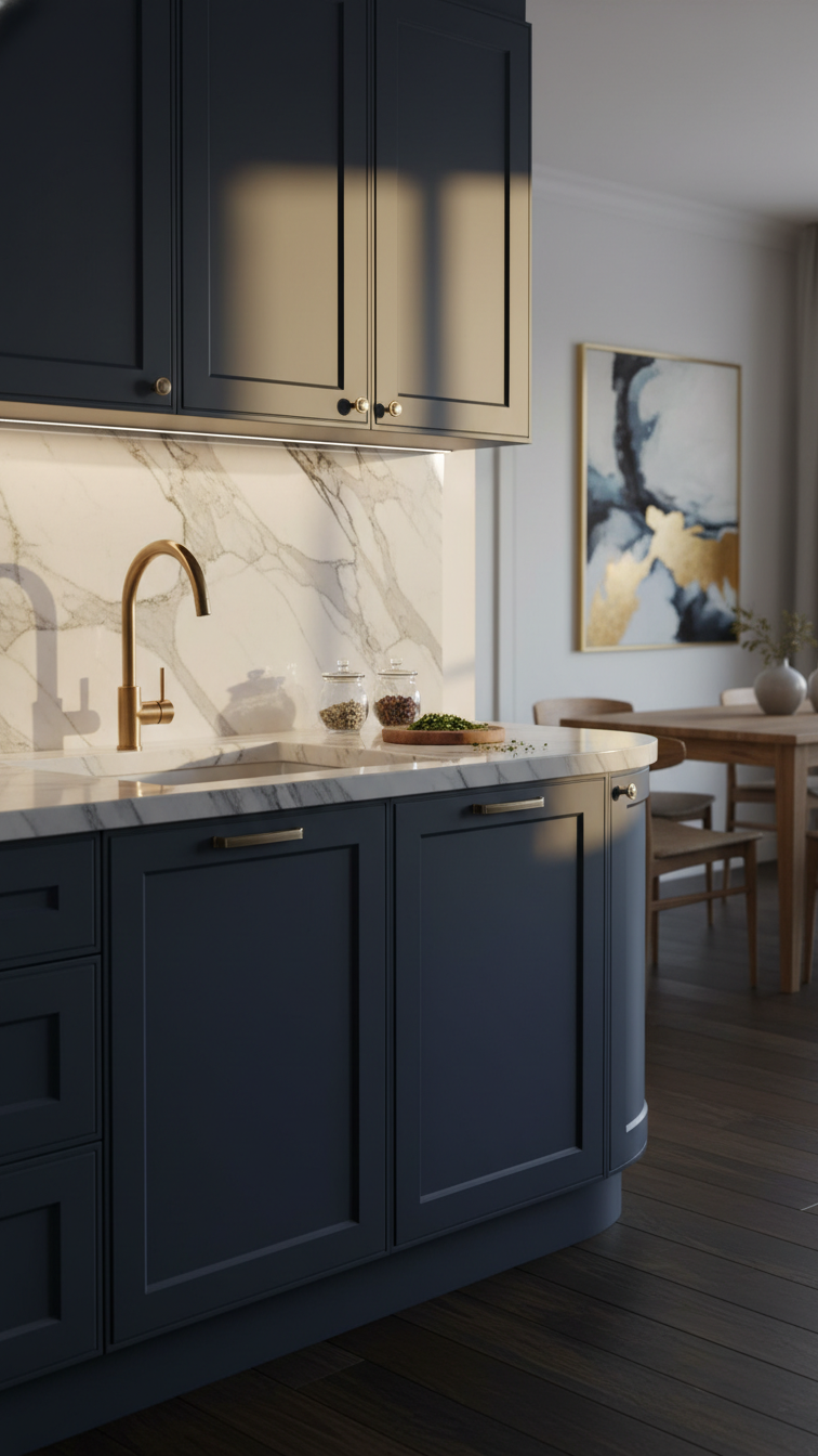 Pristine deep blue kitchen cabinets and dramatic white marble countertop with aged brass faucet, illuminated by warm golden hour light.