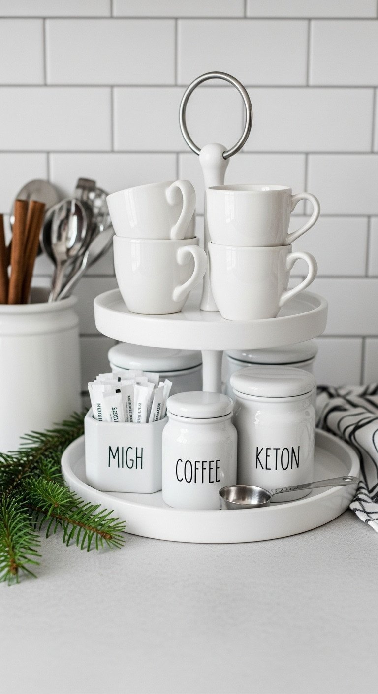 Rae Dunn Christmas coffee station on a white tiered tray with ceramic mugs, minimalist canisters, and pine needles.