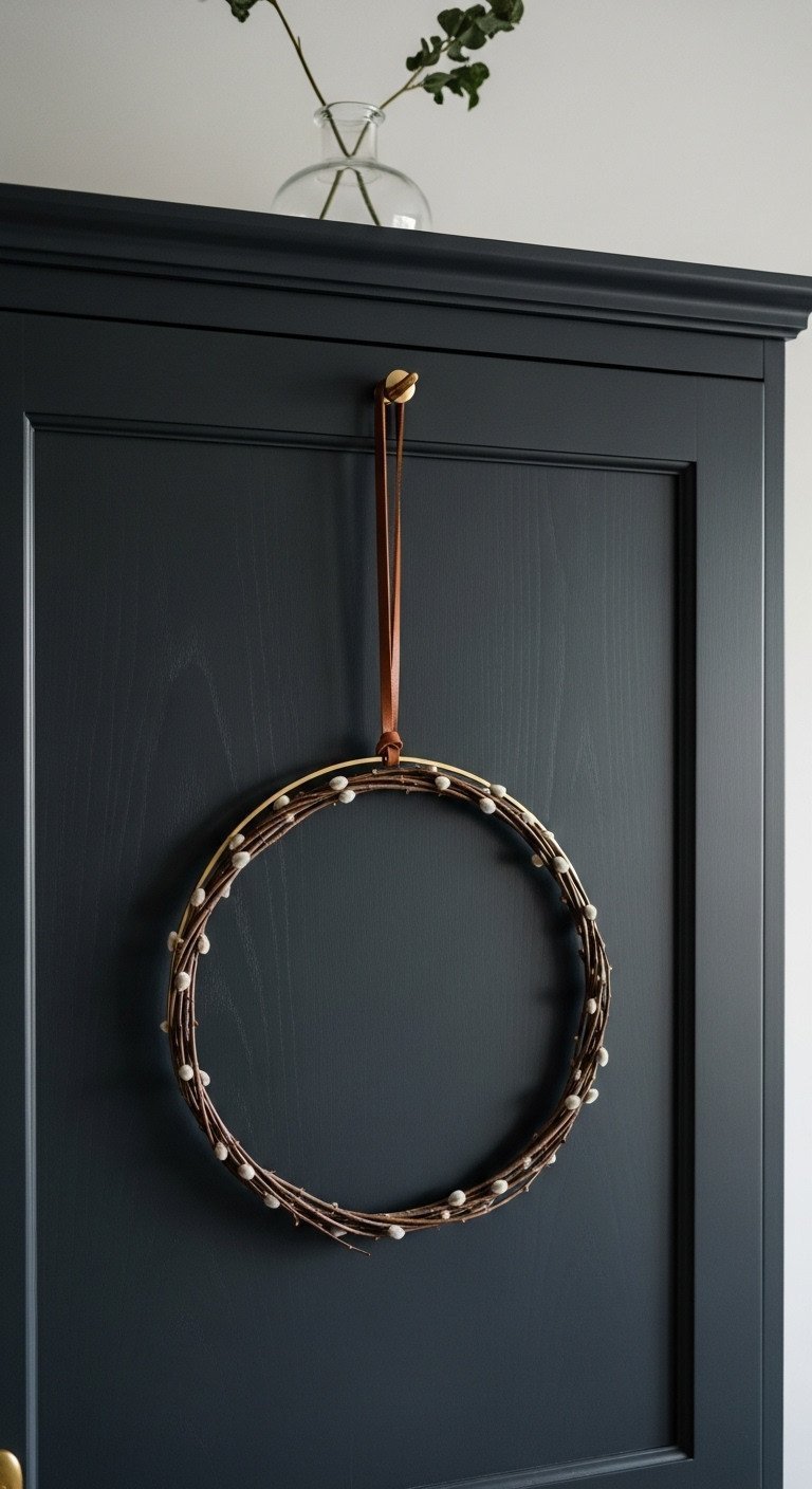 Raw willow branch wreath with leather cord on a dark charcoal gray shaker kitchen cabinet door. Minimalist natural decor.