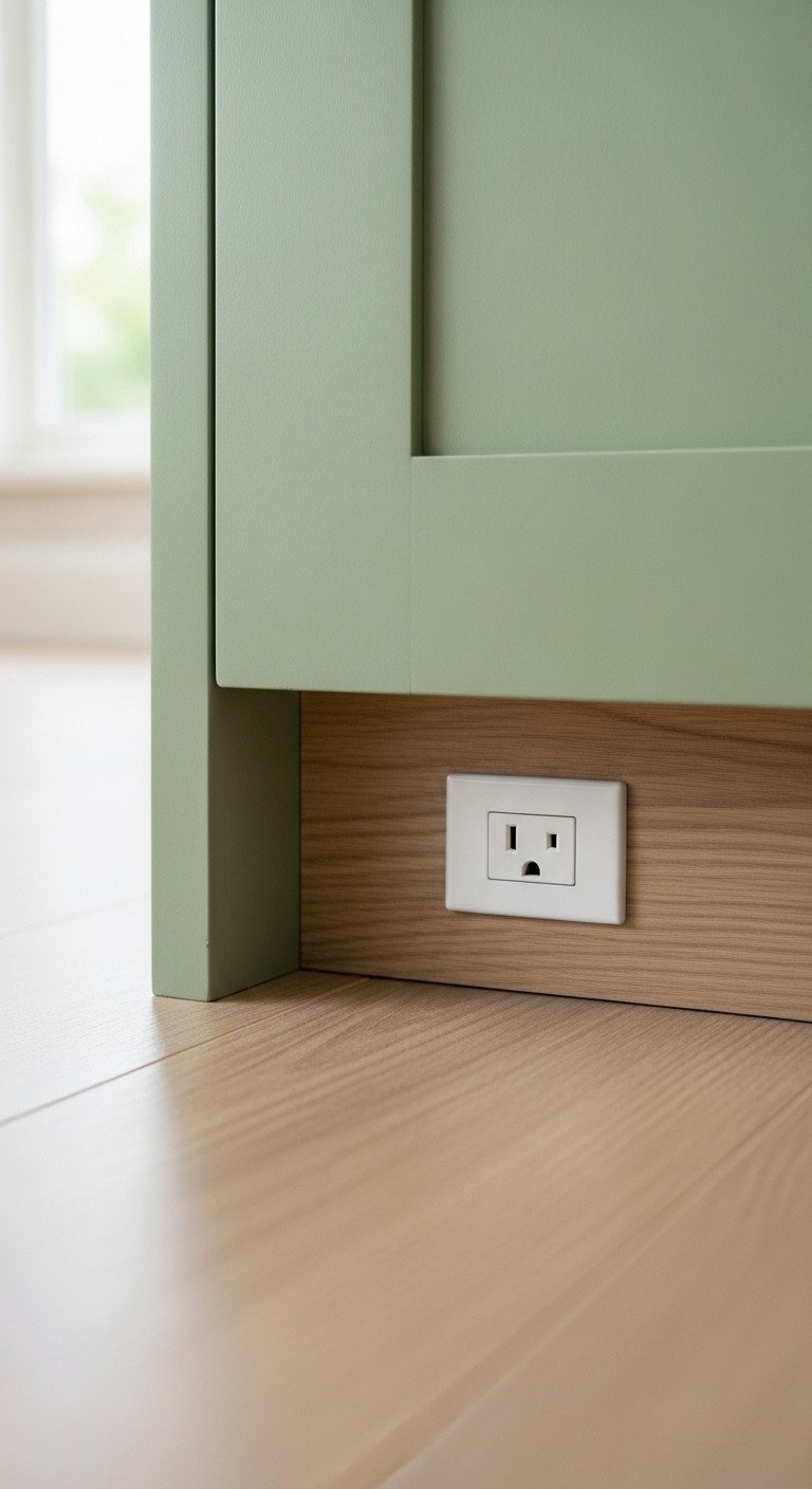 11 Genius Ways To Hide Kitchen Outlets With Flawless Decor 17 Recessed sill outlet seamlessly integrated into a wood kitchen cabinet toe-kick, almost invisible, blending with trim.