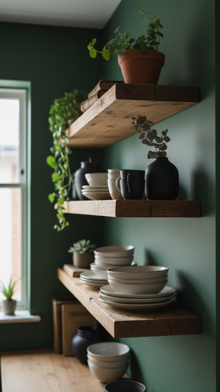 Reclaimed wood floating shelves on emerald green wall with white ceramic dishes and plants. Cozy, earthy kitchen decor.