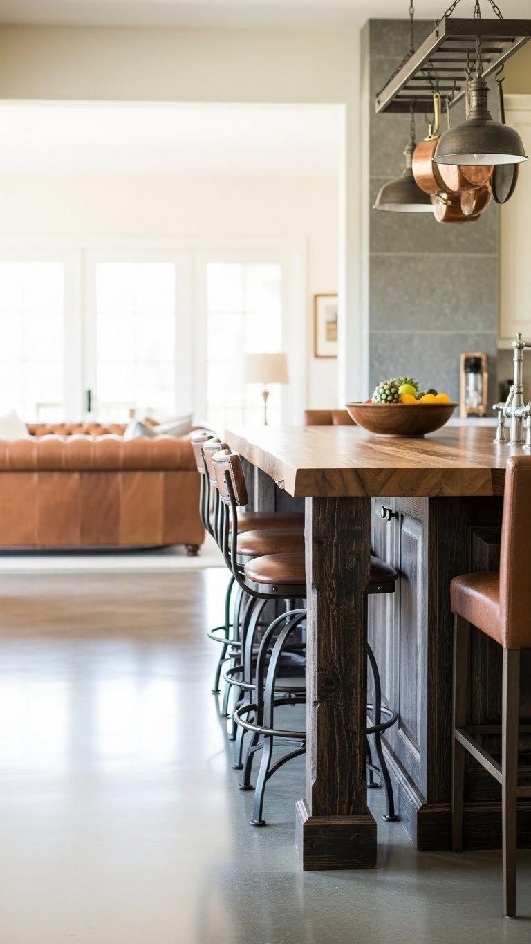 Reclaimed wood kitchen island, wrought iron stools, stone countertop. Open concept kitchen. Polished concrete floor, warm cream tones.
