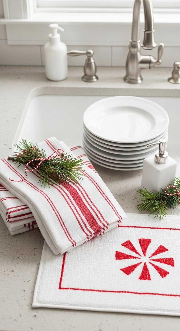 Red and white striped kitchen towels and peppermint floor mat on a light stone counter near the sink, festive decor.