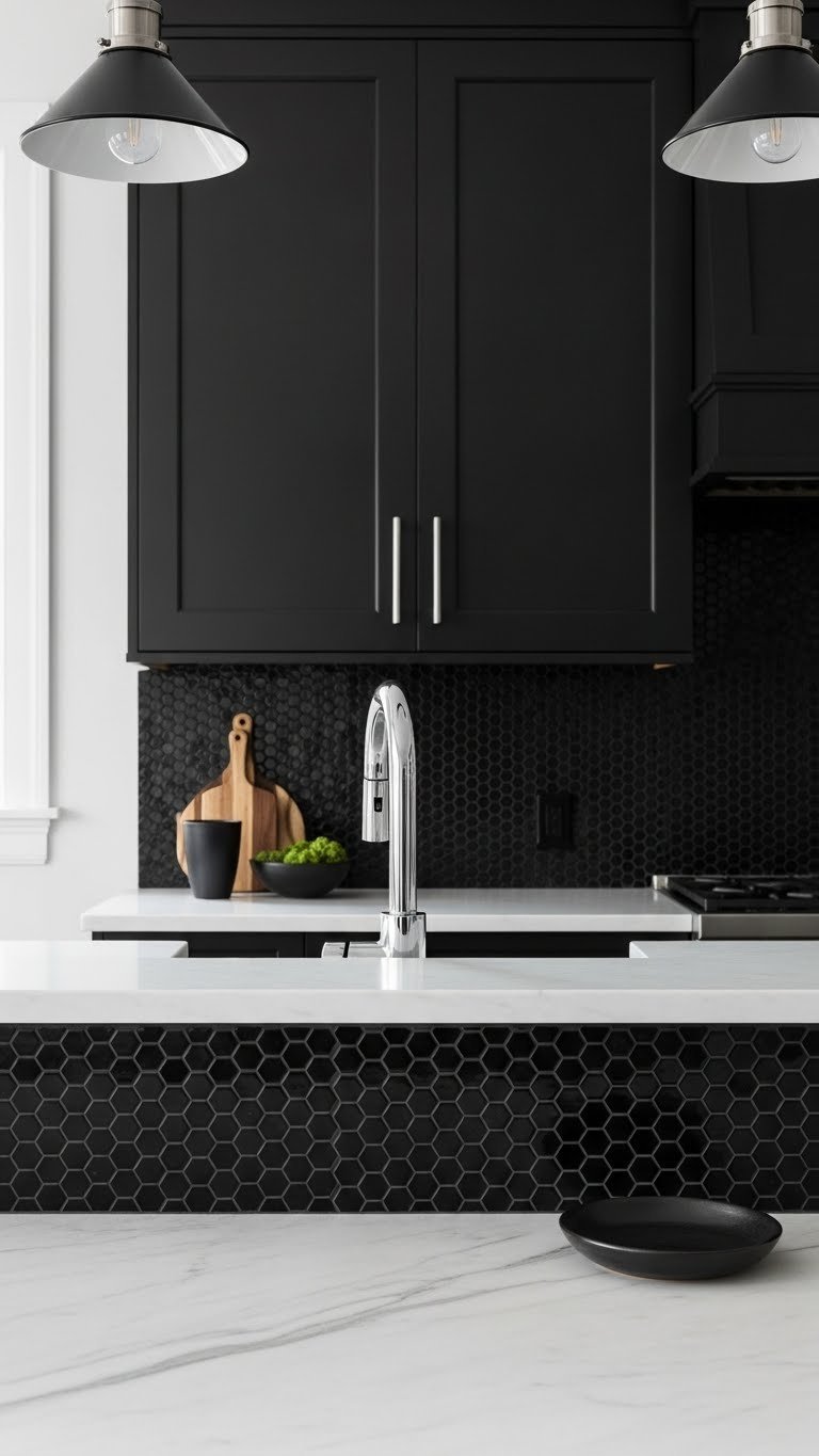 Refined kitchen with black hexagon mosaic tile backsplash, textural dark field, white marble countertop, and sleek industrial lighting.