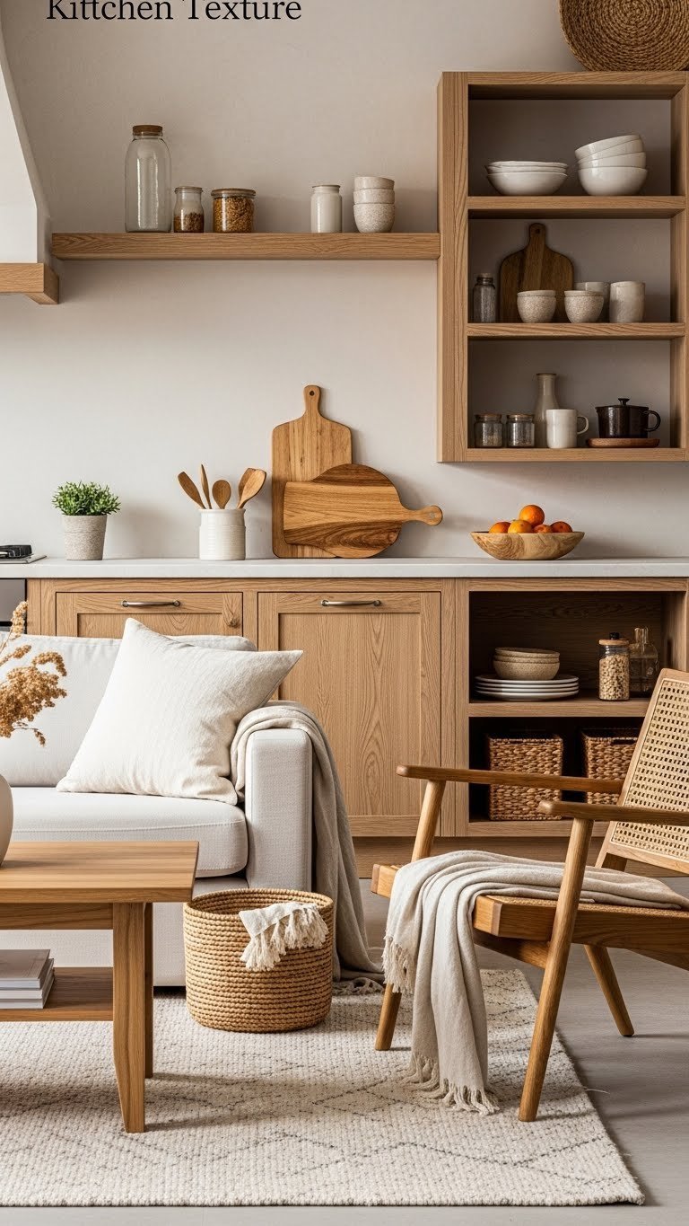 Repeating wooden textures in kitchen shelving, coffee table, and chair legs unify open concept living room design. Warm, homey decor.