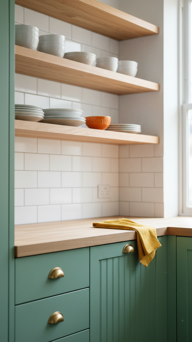 Retro kitchen featuring mint green lower cabinets, warm wood open shelving, white subway tile, and vibrant orange bowl.