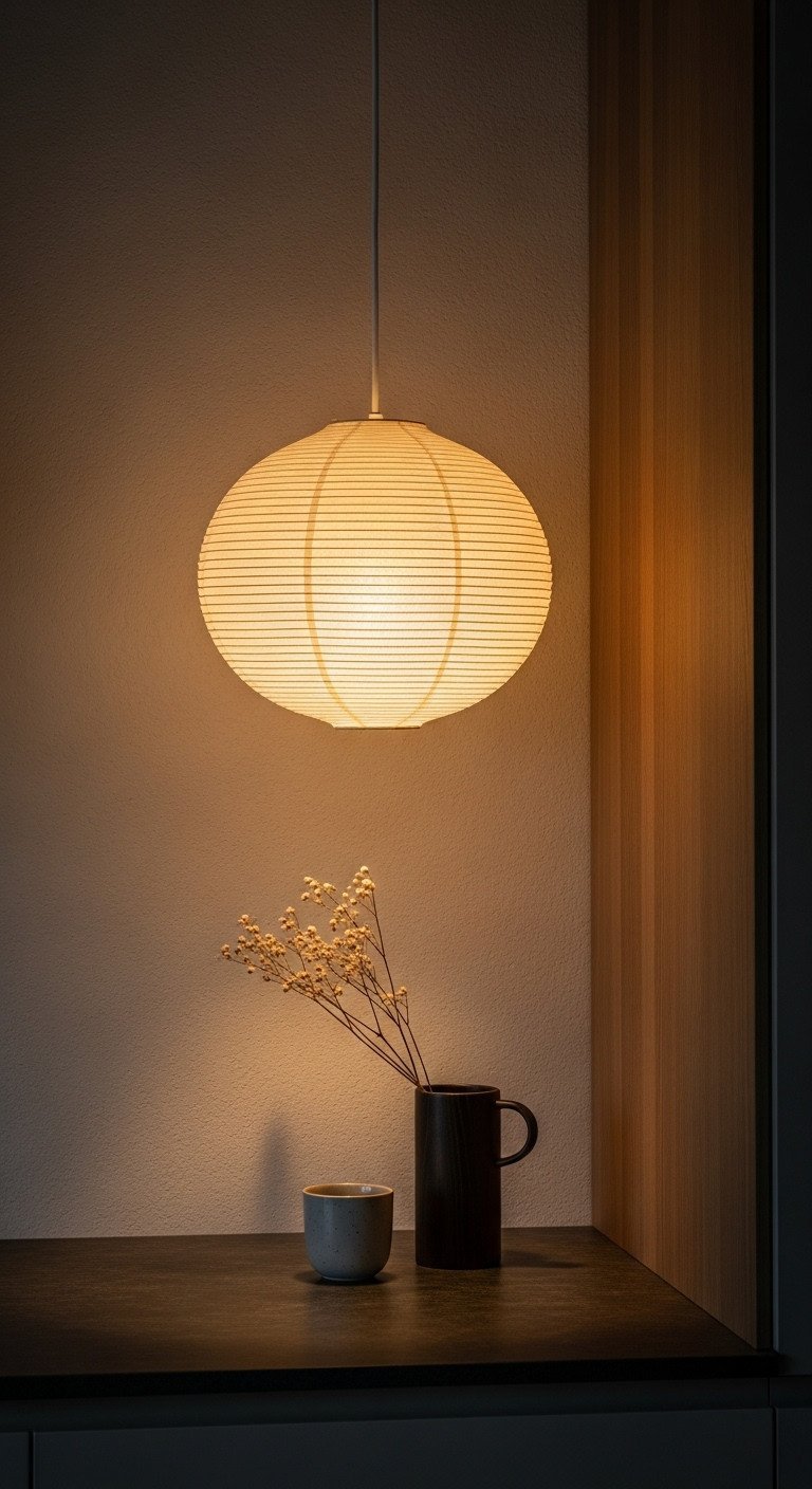 Rice paper pendant light casting warm amber glow over dark wood accessories on a sleek kitchen counter. Minimalist cozy lighting.