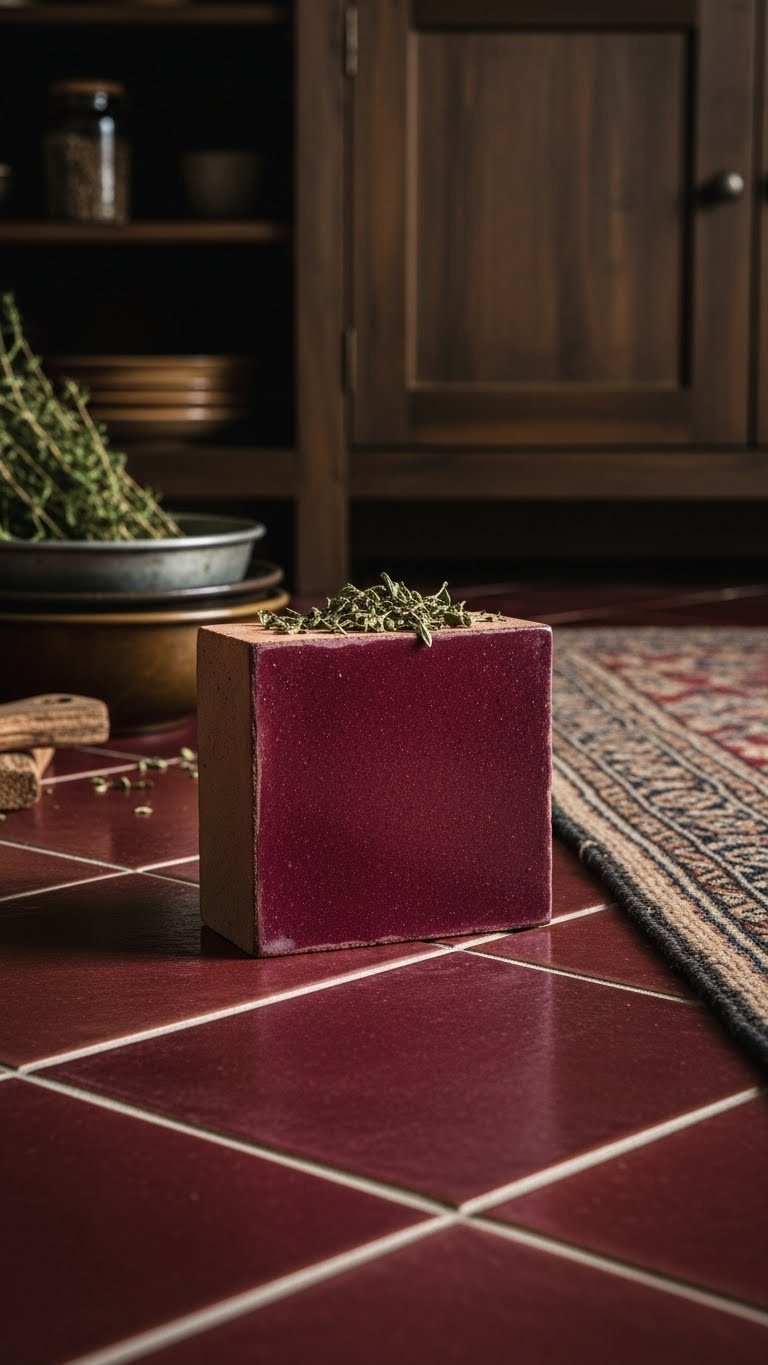 Moody Kitchen Flooring: 11 Essential Ideas To Transform Your Home 15 Rich burgundy terracotta tiles, artisanal texture, in rustic kitchen. Dark wood cabinets, vintage rug, dried herbs, golden light.