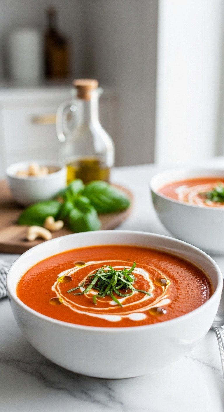 Master 7 Delicious Soup Recipes In Under An Hour 3 Rich creamy tomato basil soup in a white bowl, garnished with cashew cream and fresh basil, on a bright marble counter.