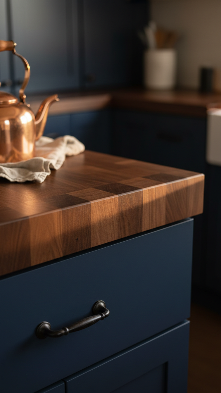 Rich dark walnut butcher block kitchen countertops against dark cabinetry. Copper kettle, linen cloth, and cast iron handles create a moody scene.