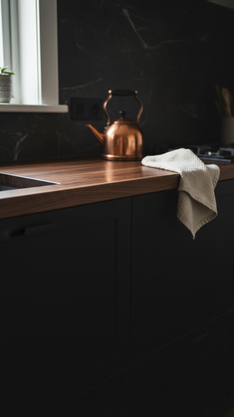 Rich dark wood countertop in a matte black kitchen, providing warmth and a cozy cottage feel. Walnut accents, stone backsplash.