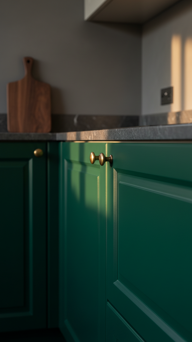 Rich emerald green kitchen cabinets with warm brass hardware and satin finish. Dramatic jewel-toned kitchen design for inviting spaces.