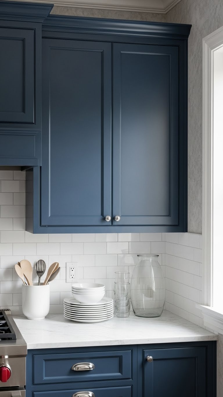 Rich navy blue shaker kitchen cabinets, white subway tile, marble counter, polished nickel hardware, white plates, soft light.