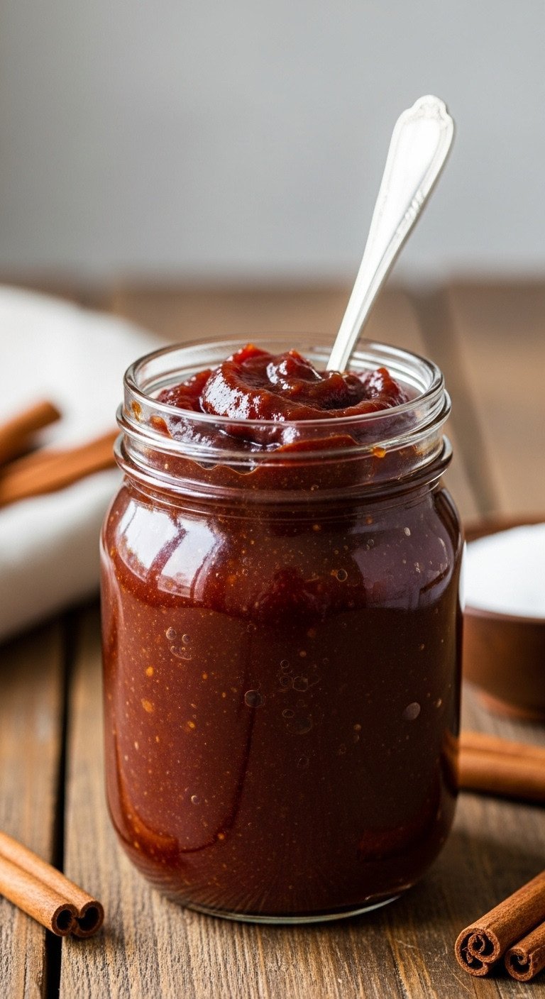 11 Best Apple Recipes Plus The Ultimate Baking Variety Guide 19 Rich spiced apple butter in a clear glass mason jar with silver spoon, cinnamon sticks, on wood.