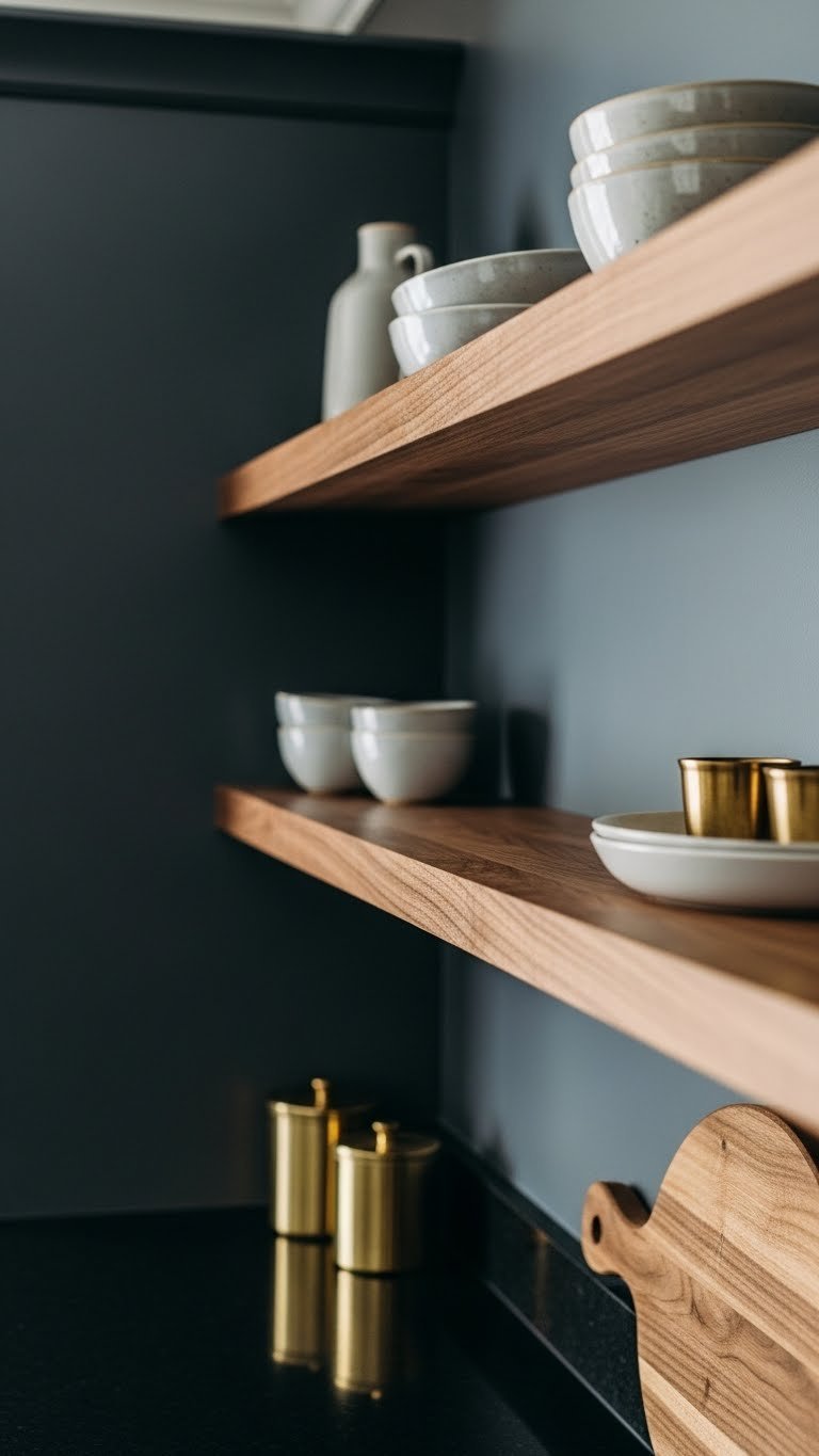 Rich walnut open shelving on a dark gray wall, accented with brass canisters and ceramics, enhancing a moody charcoal kitchen.