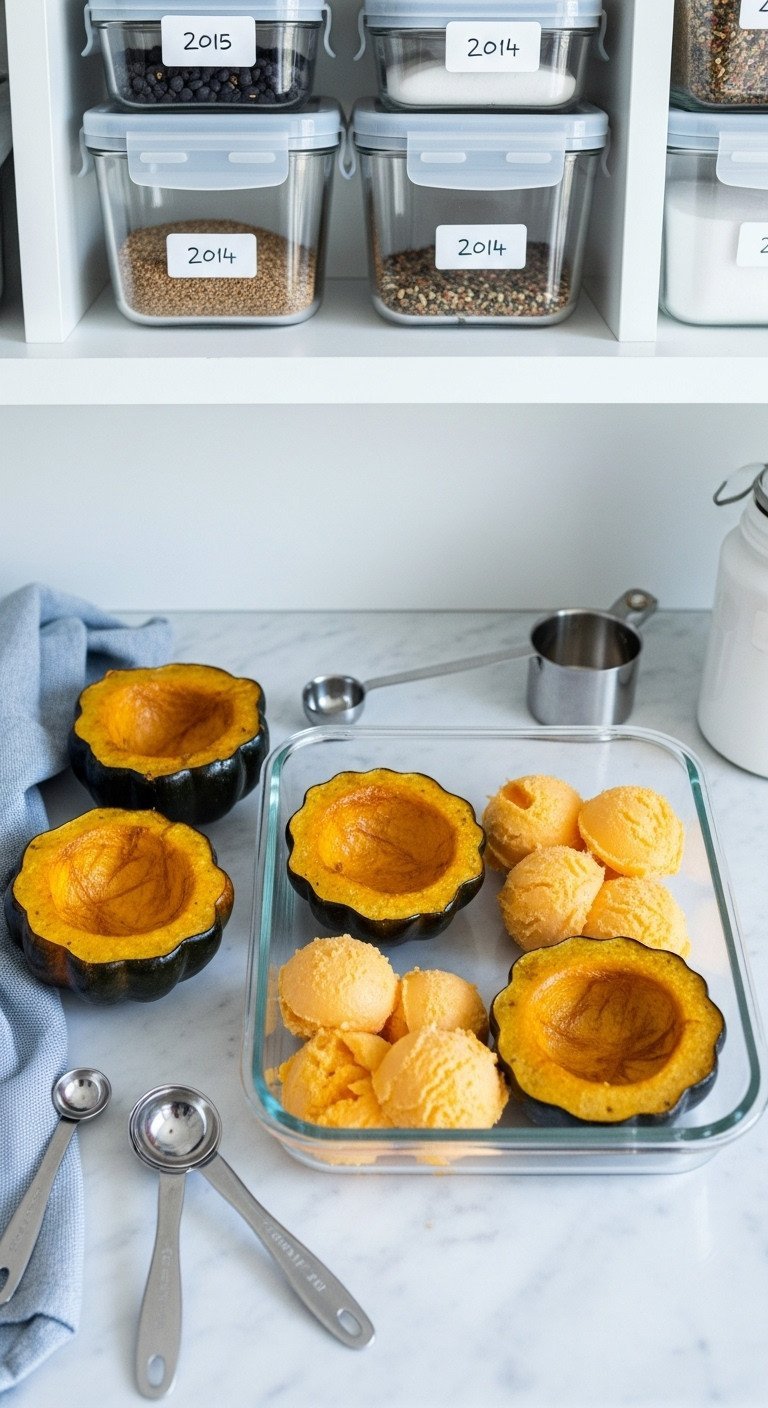 Ultimate Acorn Squash Recipe Sweet And Savory Guide 13 Roasted acorn squash halves and flesh neatly packed into clear, airtight glass meal prep containers.