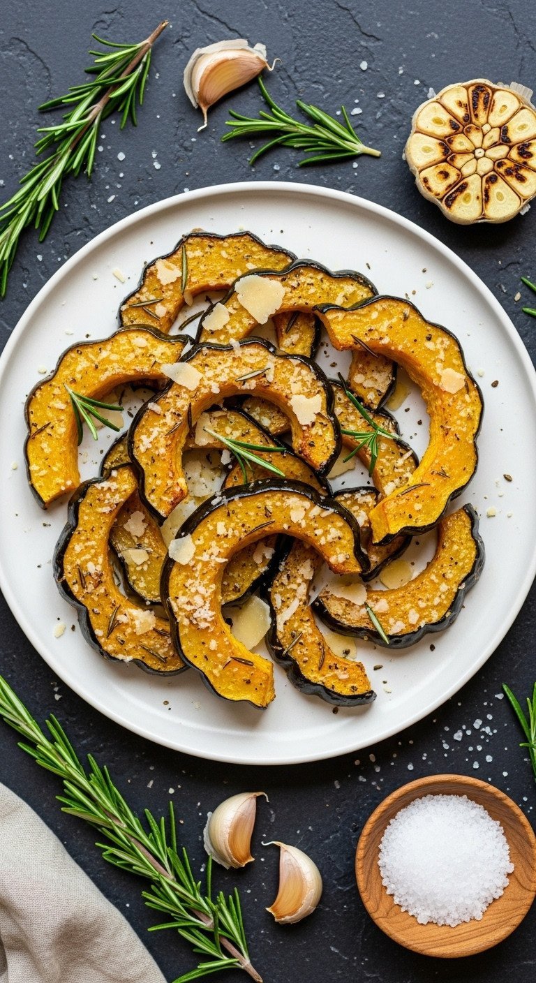 Ultimate Acorn Squash Recipe Sweet And Savory Guide 7 Roasted acorn squash wedges tossed with Parmesan cheese and fresh rosemary, piled on a white serving platter.